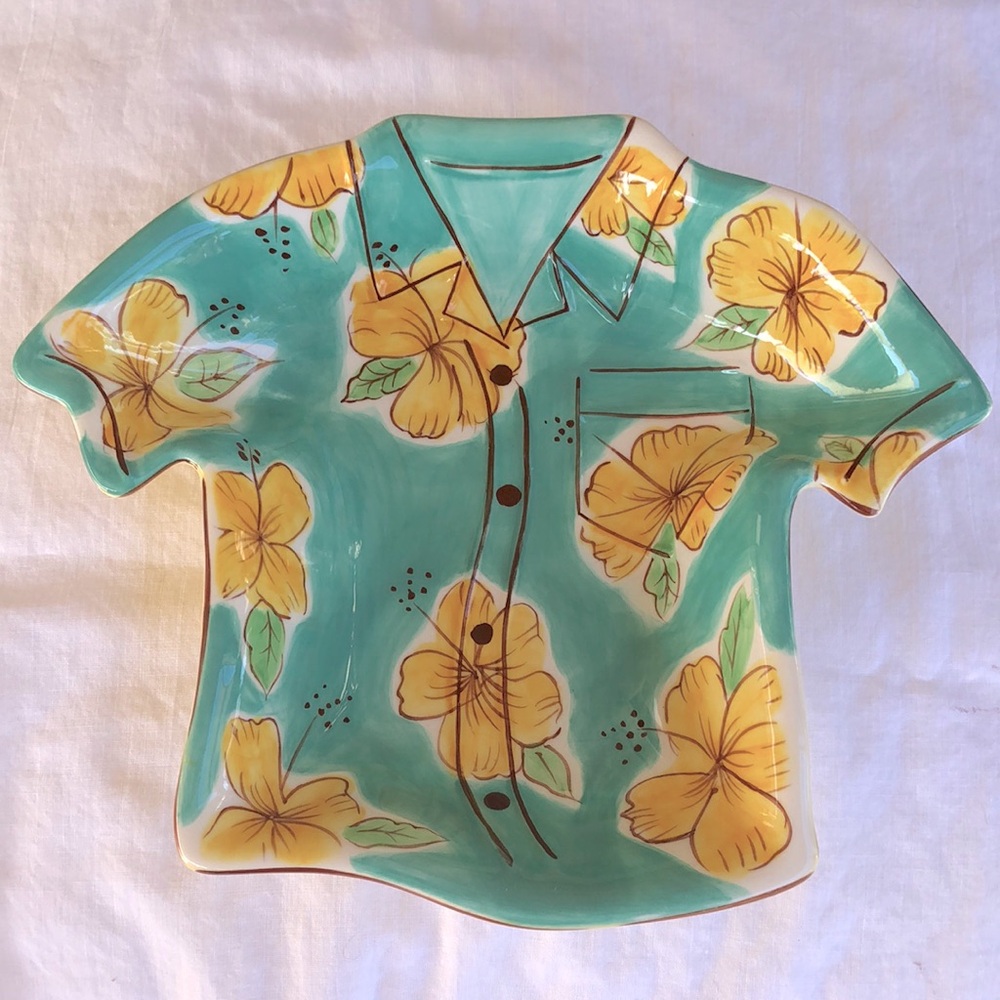 Clay Art Ceramic Hawaiian Tropical Shirt Serving Dish with Flower Design